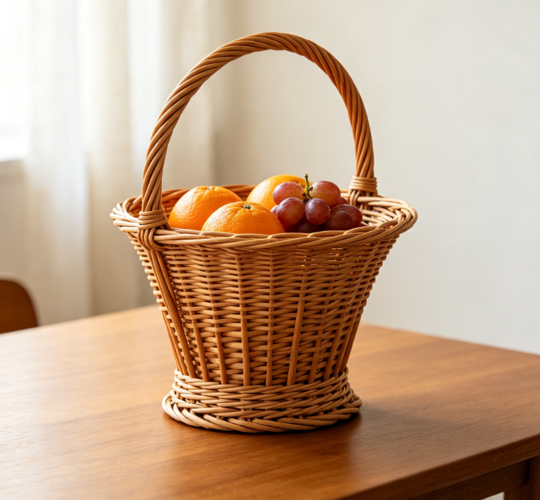 Vintage Tall-Profile Woven Rattan Basket with Handle - Image 2