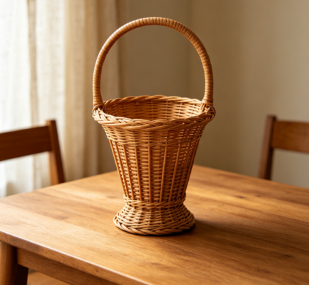 Vintage Tall-Profile Woven Rattan Basket with Handle