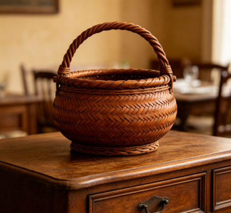 Vintage Dark Brown Herringbone Rattan Basket with Handle