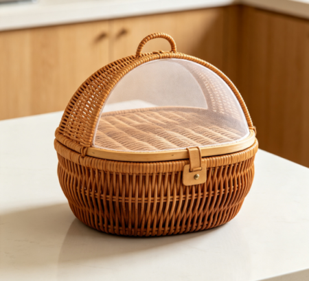Rattan Food Storage Basket with Mesh Lid