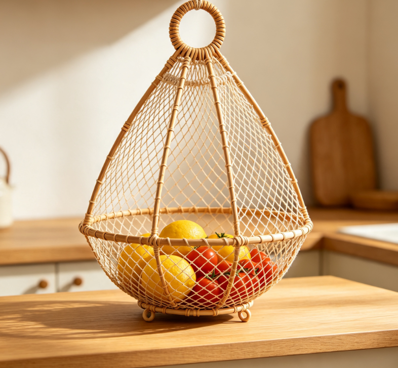 Hanging Woven Rattan Mesh Fruit Basket - Image 2