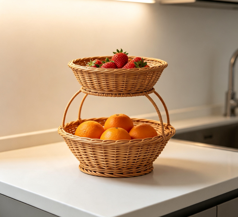 Two-Tier Vertical Rattan Fruit Basket - Image 2