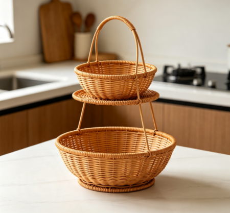 Two-Tier Vertical Rattan Fruit Basket