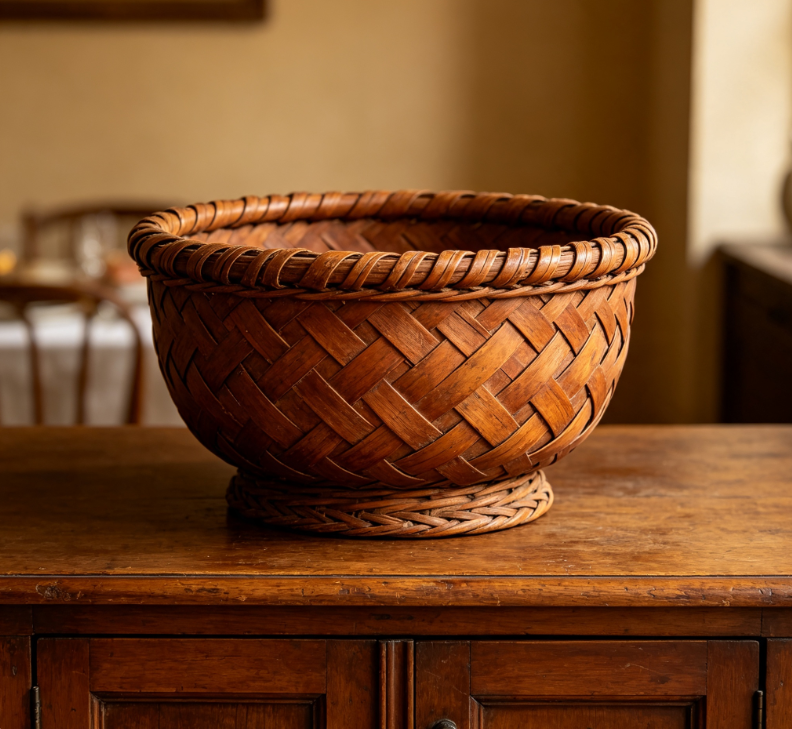 Vintage Dark Brown Cross-Woven Pedestal Fruit Bowl