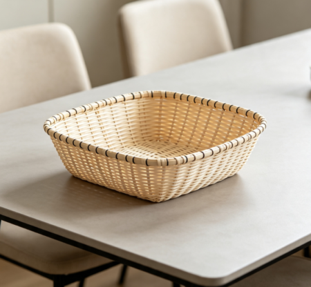 Square Rattan Fruit Basket Off-White Trim