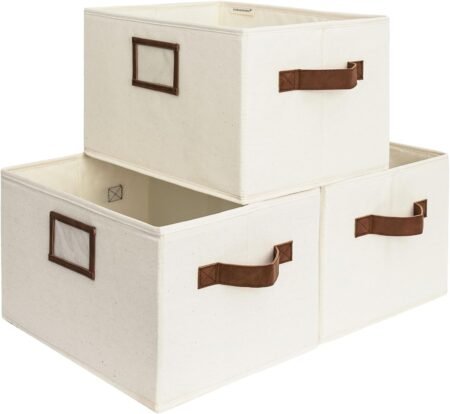 3-Pack Ivory Collapsible Shelf Storage Baskets with PU Leather Handles