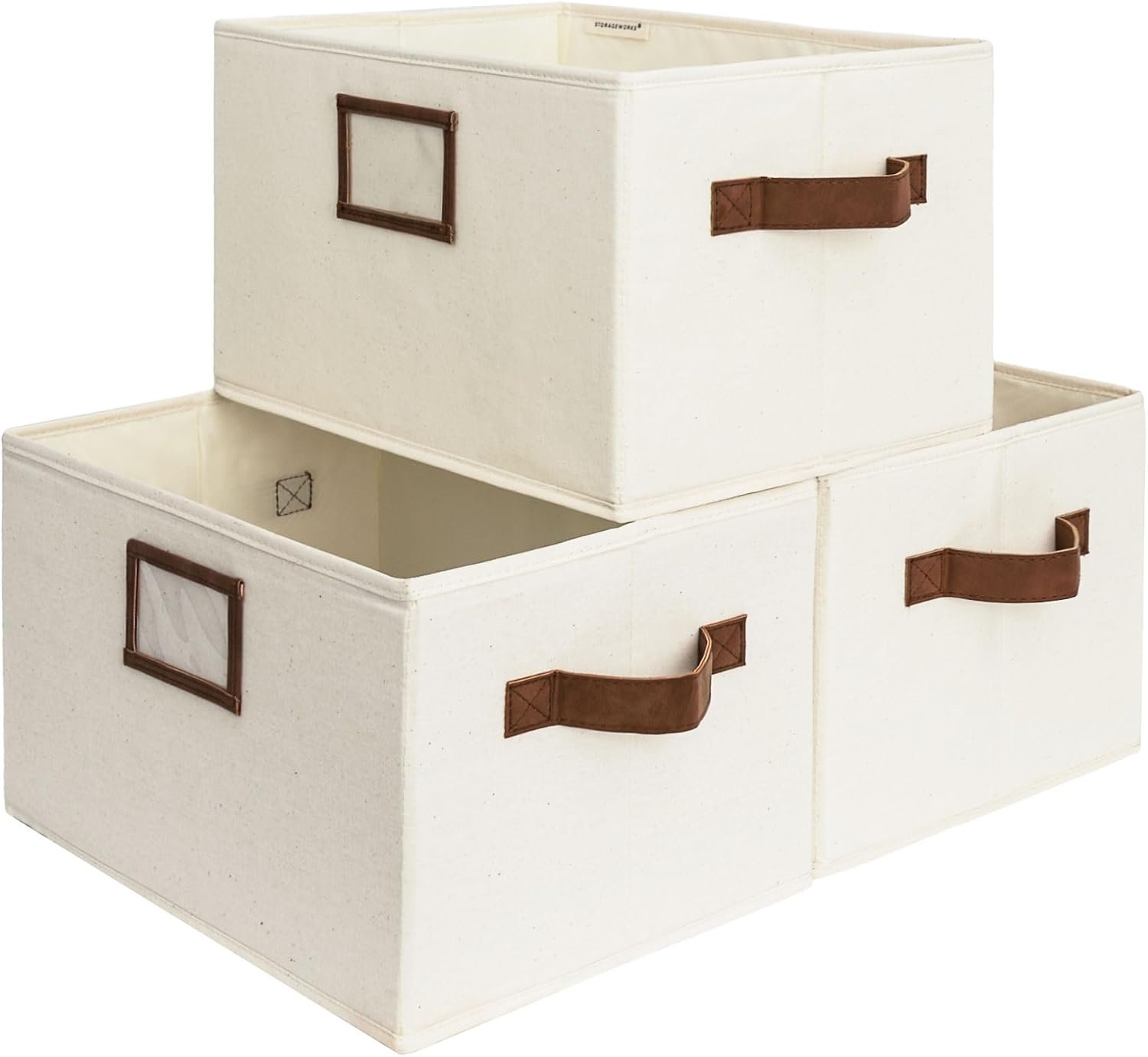 3-Pack Ivory Collapsible Shelf Storage Baskets with PU Leather Handles