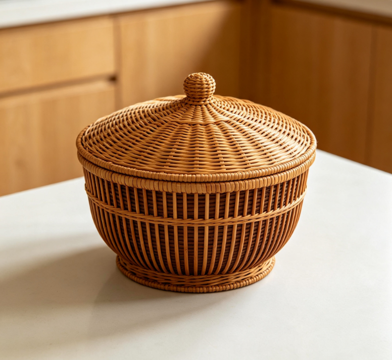 Square Rattan Storage Basket Off-White Trim