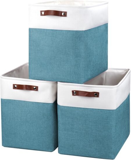 Teal & White 50L Linen Storage Baskets with Handles 17x12x15