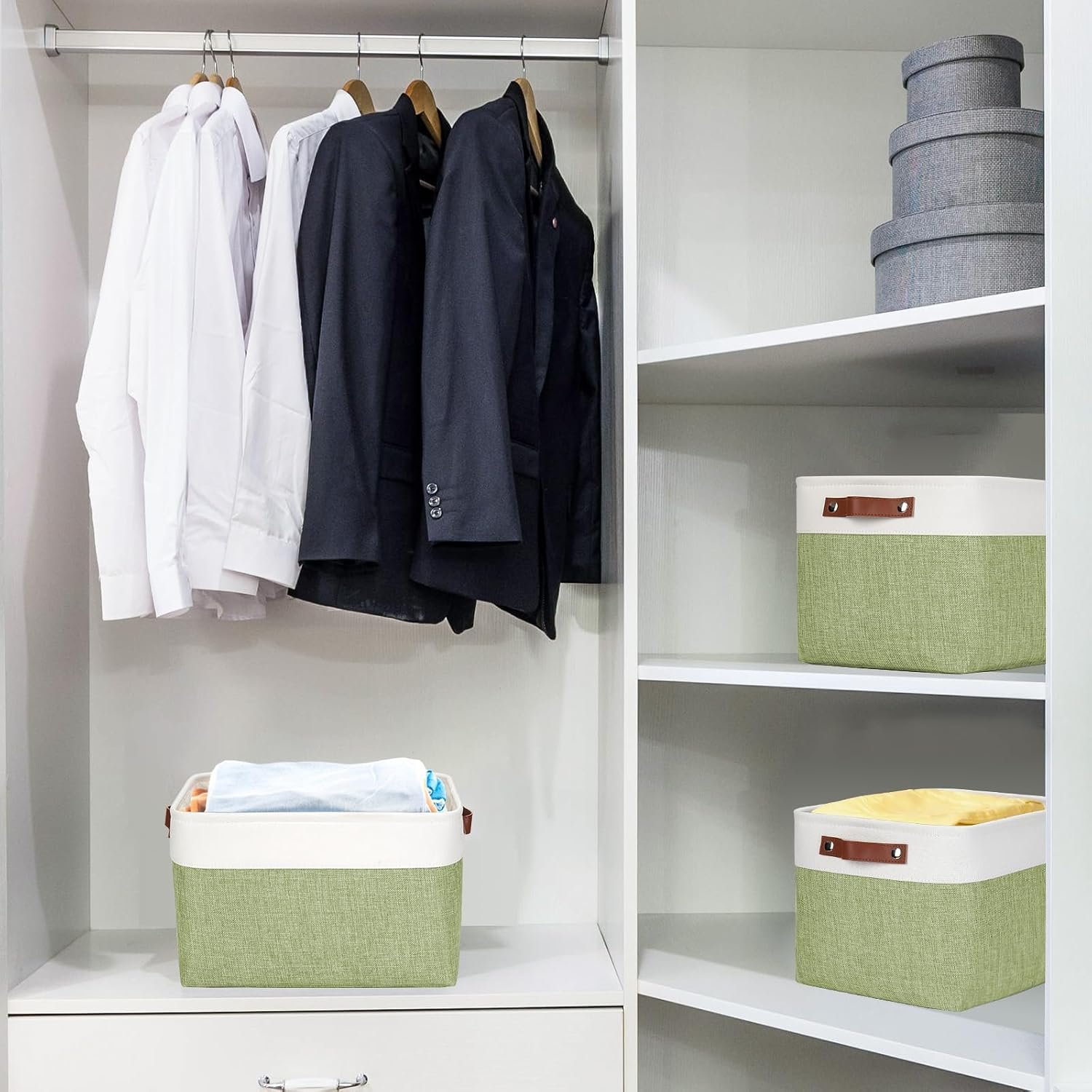 3-Pack Green/White Linen-Look Fabric Storage Baskets - Image 2