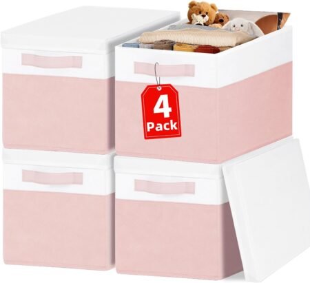 4-Pack Pink Lidded Closet Storage Bins with Handles
