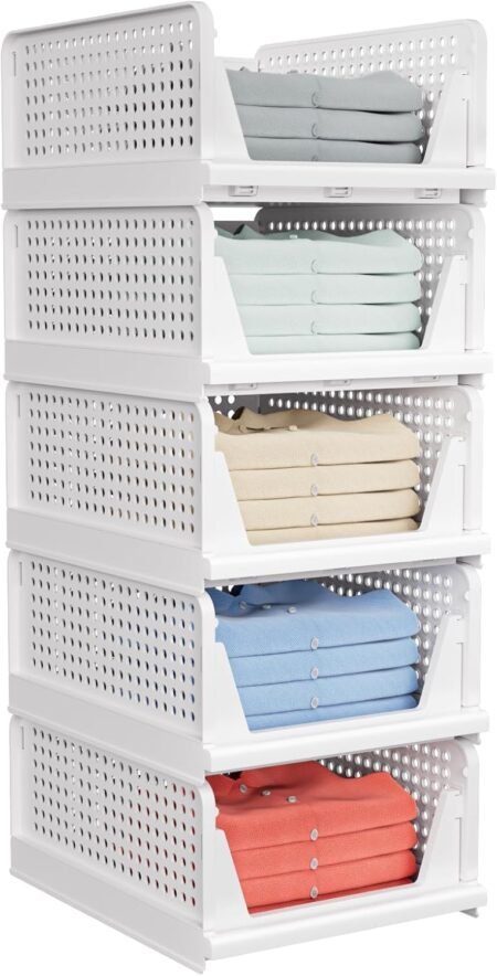 5-Pack White Stackable Collapsible Closet Storage Baskets