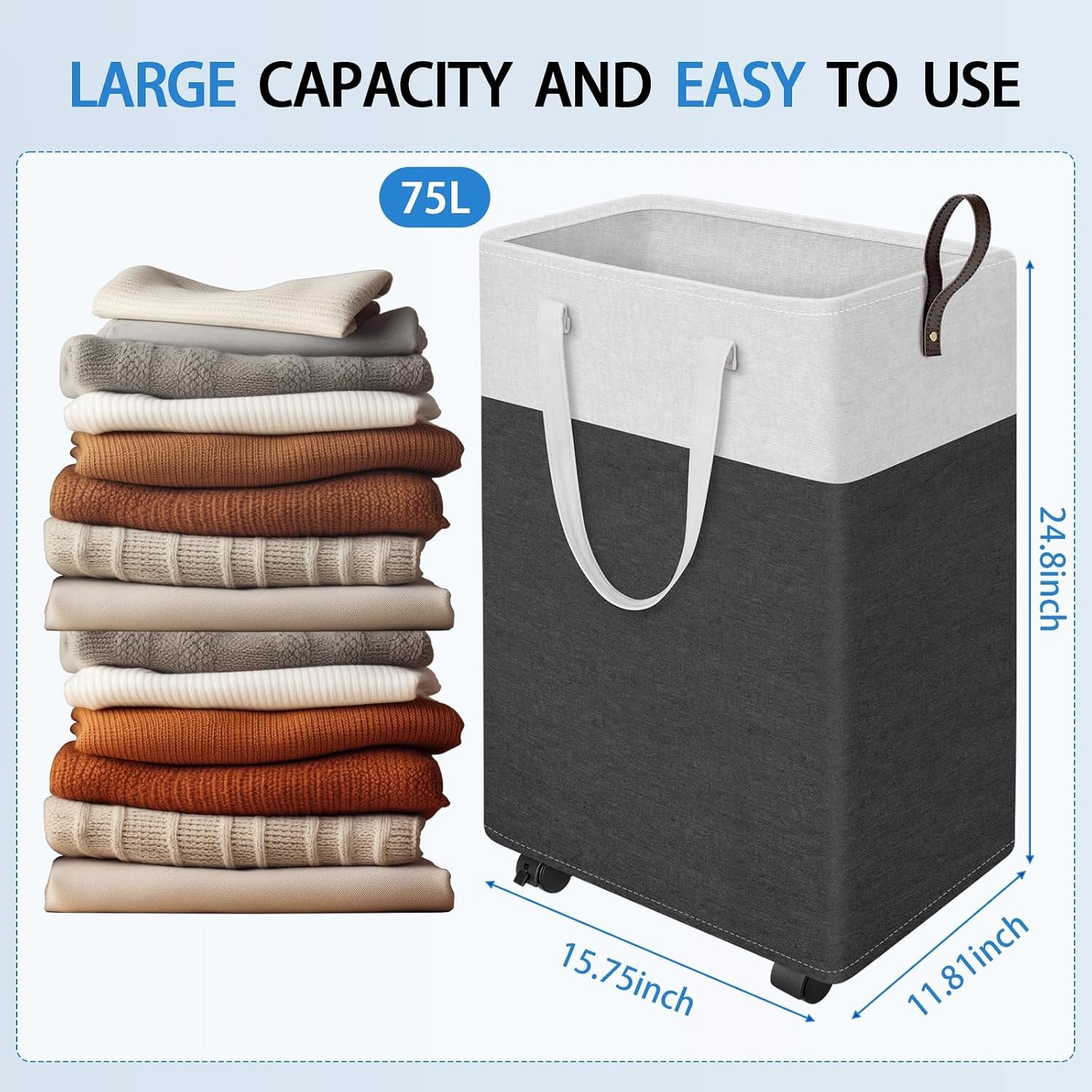 75L Rolling Collapsible Laundry Hamper with Wheels Gray - Image 2