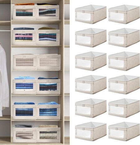 12-Pack Beige Foldable Linen Organizer Bins with Clear Window