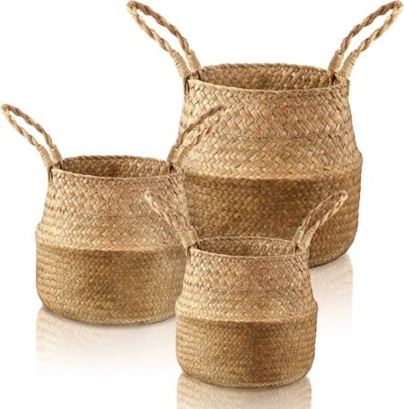 3-Pack Natural Seagrass Belly Storage Baskets with Handles
