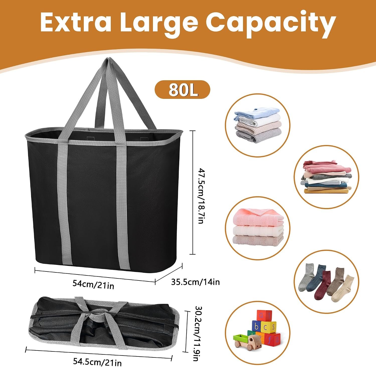 Large Waterproof Foldable Laundry Tote with Handles Black - Image 2