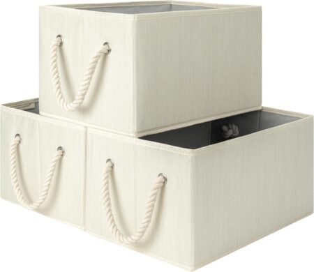 3-Pack Foldable Fabric Storage Baskets Beige White Ivory