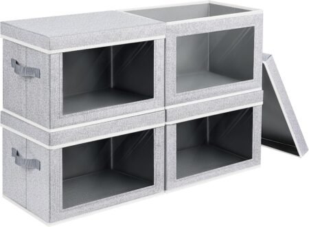 4-Pack Light Grey Foldable Storage Bins with Lids and Window