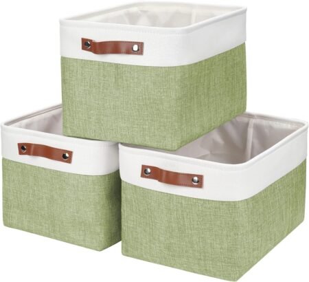 3-Pack Green/White Linen-Look Fabric Storage Baskets