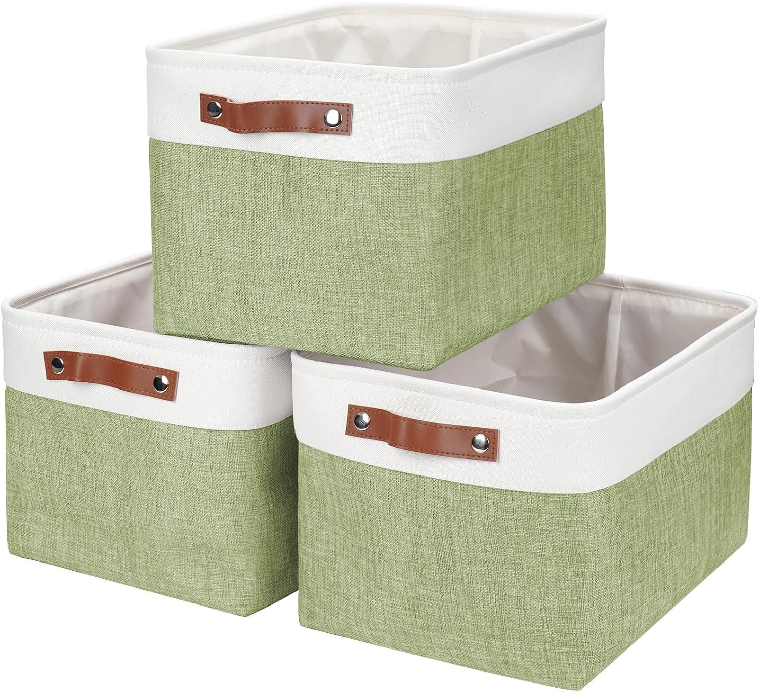 3-Pack Green/White Linen-Look Fabric Storage Baskets