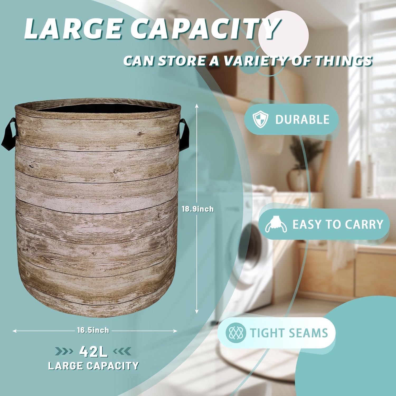 Wood Grain Foldable Laundry Basket with Handles 18.9x16.5 - Image 2