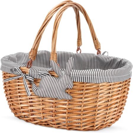 Grey Oval Willow Picnic Basket with Folding Handles
