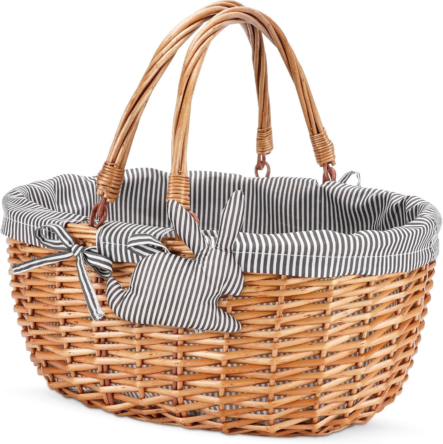 Grey Oval Willow Picnic Basket with Folding Handles
