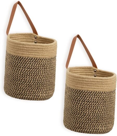 2-Pack Small Woven Hanging Baskets Jute & Black