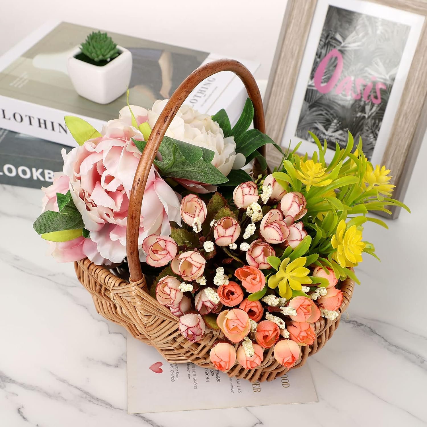 Brown Handmade Rattan Flower Basket with Handle - Image 2