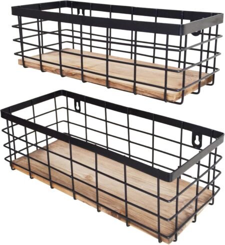 Set of 2 Black Metal Wire Baskets with Wood Base
