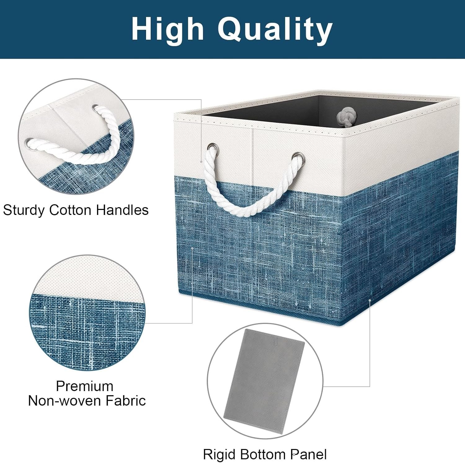 3-Pack White/Blue Collapsible Storage Baskets with Rope Handles - Image 2