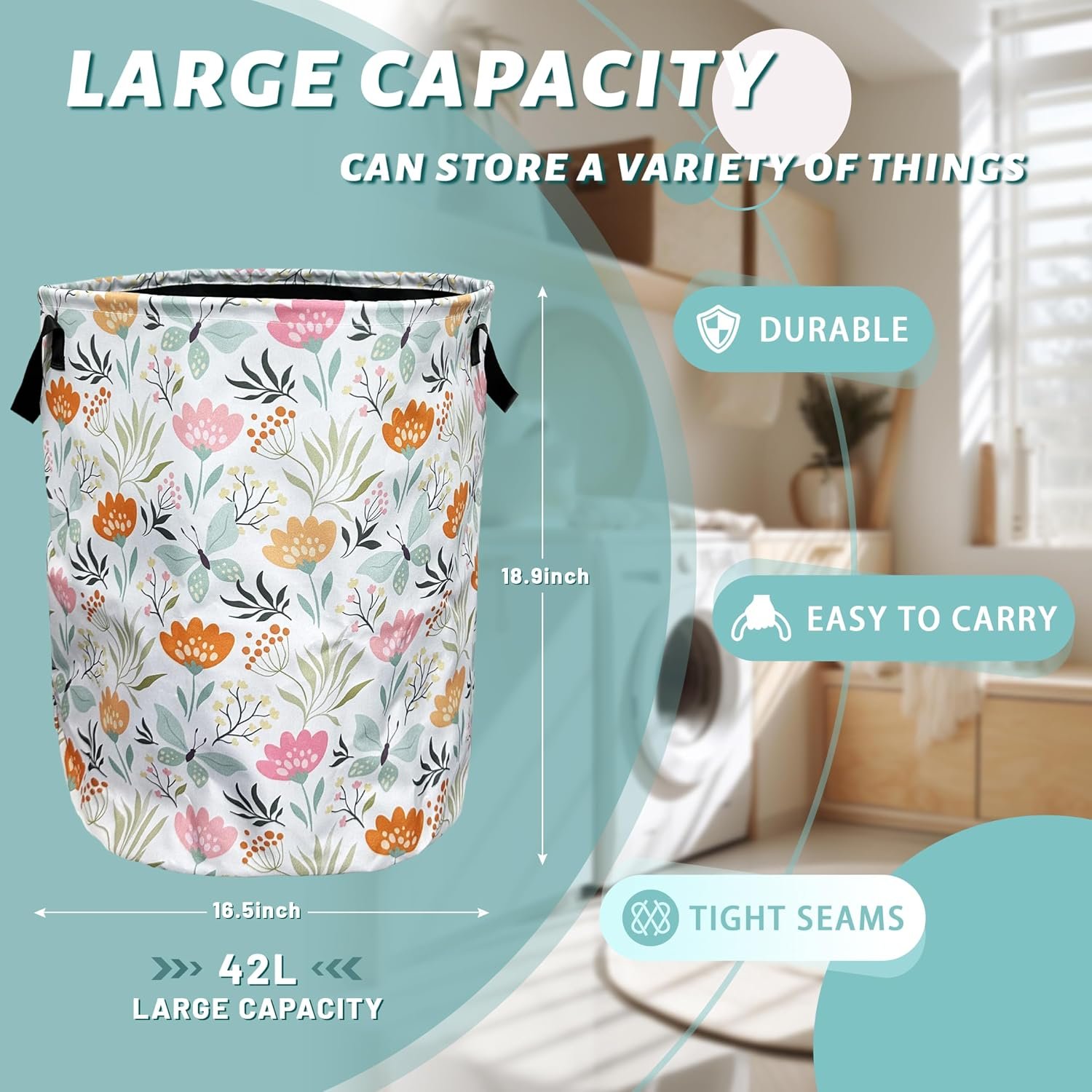 Floral Oxford Foldable Laundry Basket with Handles 18.9x16.5 - Image 2