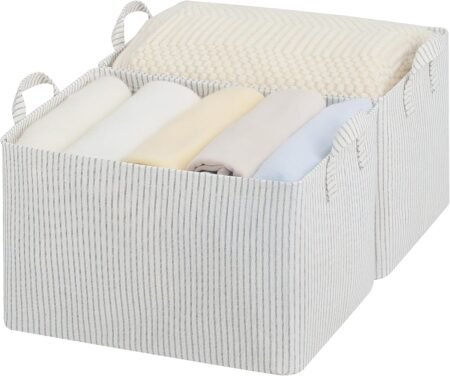2-Pack Khaki/Beige Striped Fabric Storage Bins