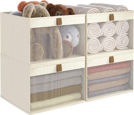 4-Pack Beige Linen Storage Baskets with Mesh Window 12.75x12.75