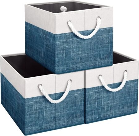 3-Pack White/Blue Collapsible Storage Baskets with Rope Handles