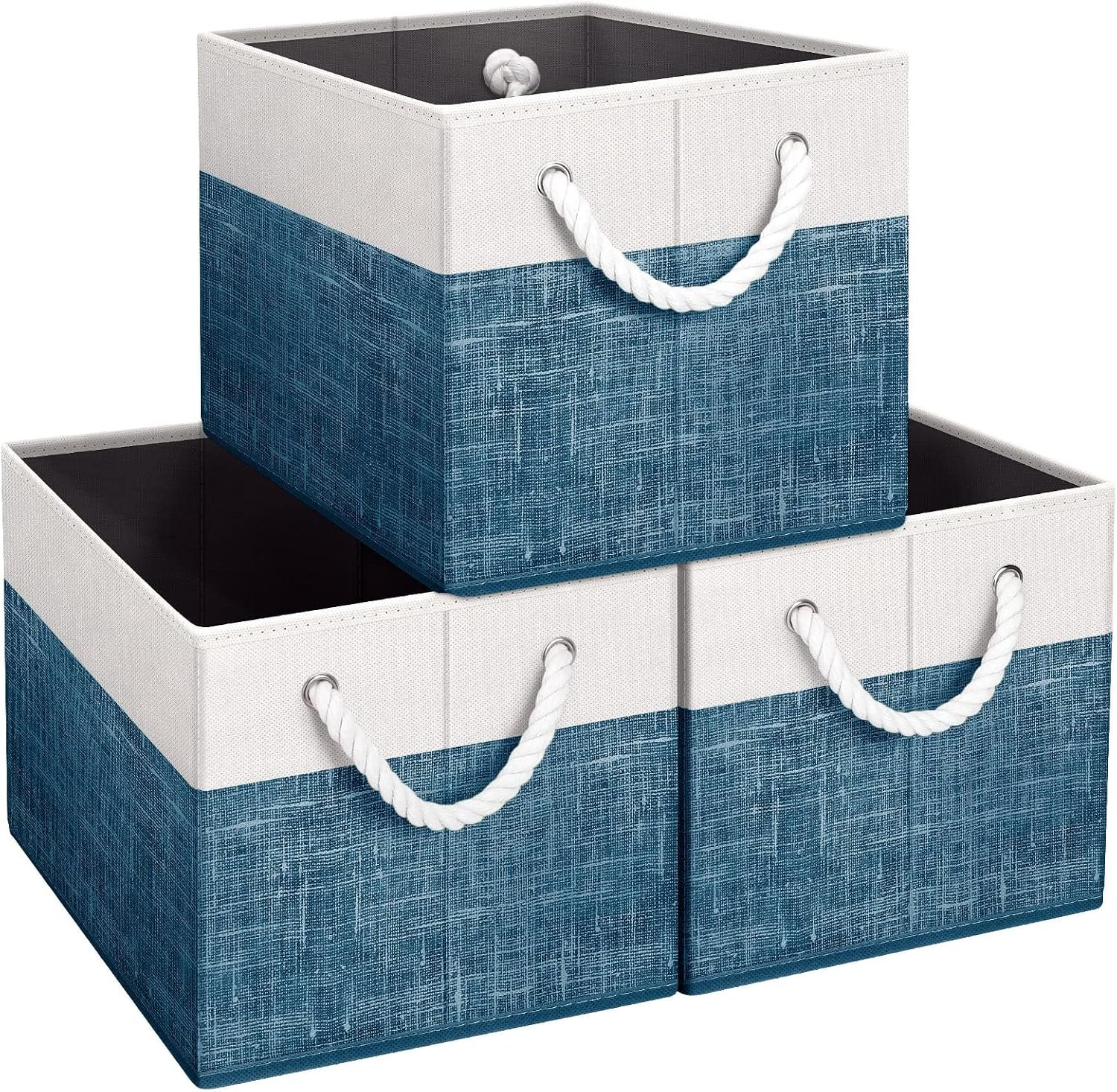 3-Pack White/Blue Collapsible Storage Baskets with Rope Handles
